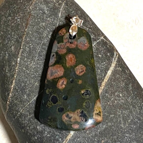 Natural Ocean Jasper Pendant, Genuine Dark Green Gemstone - Picture 4 of 9